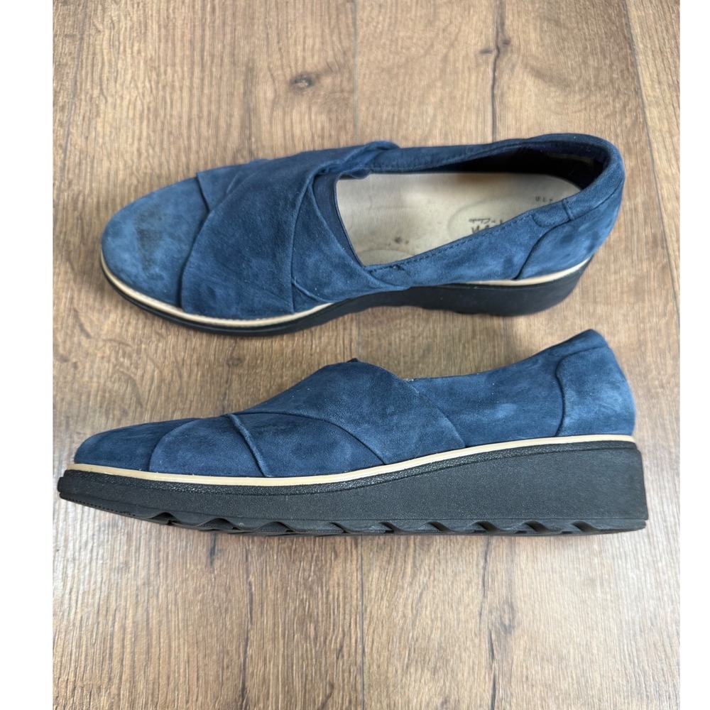 Clarks Collection Navy‎ Blue Suede Pleated Wedge Loafers 9.5M